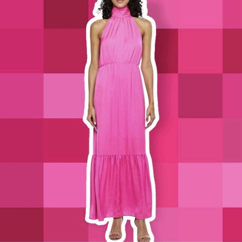 Worthington Hyper Pink Maxi Dress Halter Neck Silky Ruffle Size L